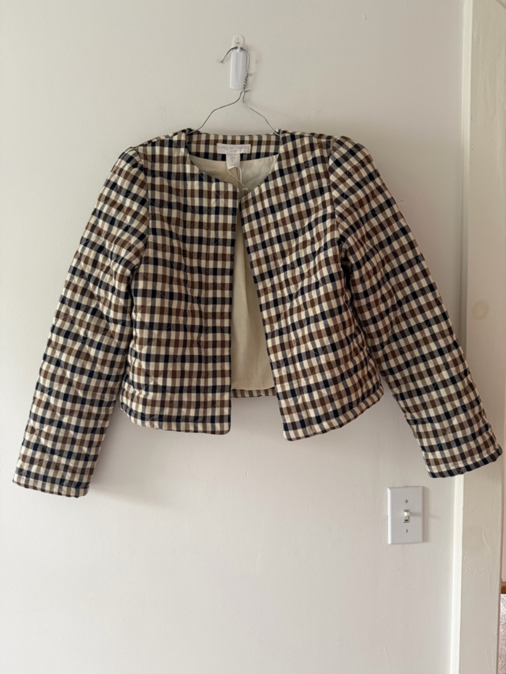 NWT Caroline Constas Houndstooth Checkered Blazer in Tan White Check Size Small